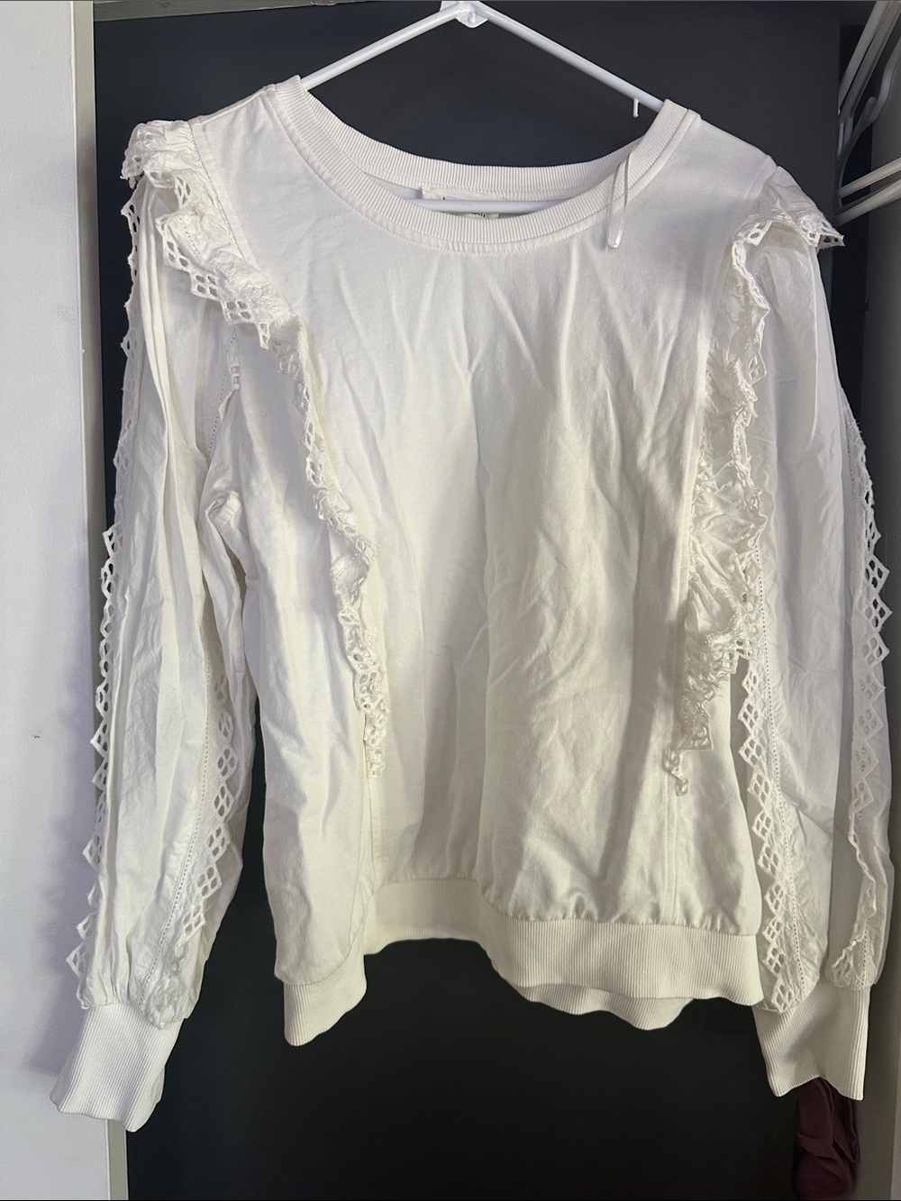 Anthropologie White Lace-Trim Pullover Sweatshirt